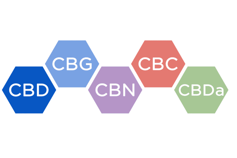5 hexagons in dark blue, light blue, purple, red, and green, with the words CBD, CBG, CBN, CBC, and CBDa on them